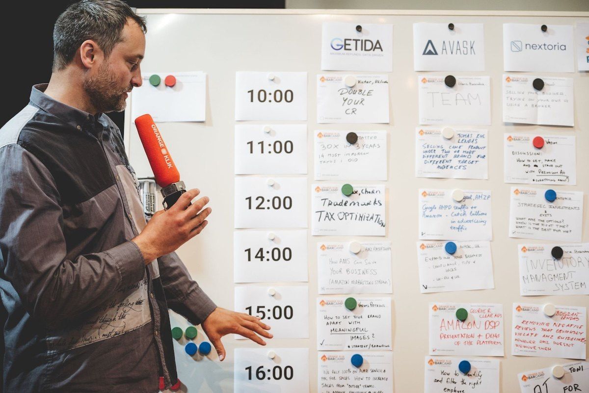 Attendee-built EUSECON Barcamp agenda board with session cards by time slot